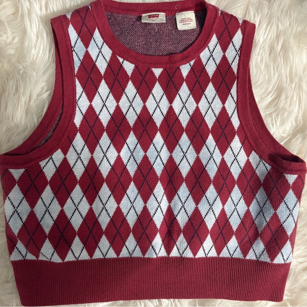 Levi's Red Argyle Knit Crop Sweater top